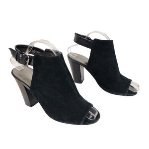 TAHARI Shoes Womens 8.5 Margaret Black Peep-Toe Suede Slingback Wood‎ Heels